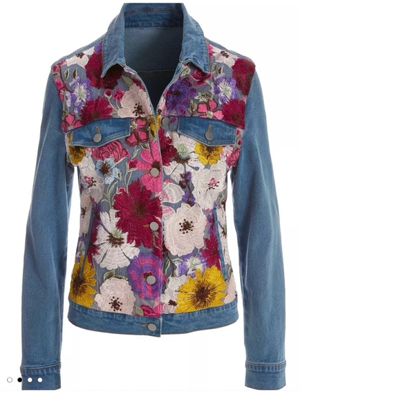 Boston Proper Floral Gardens Embroidered Denim Jacket - Picture 1 of 8